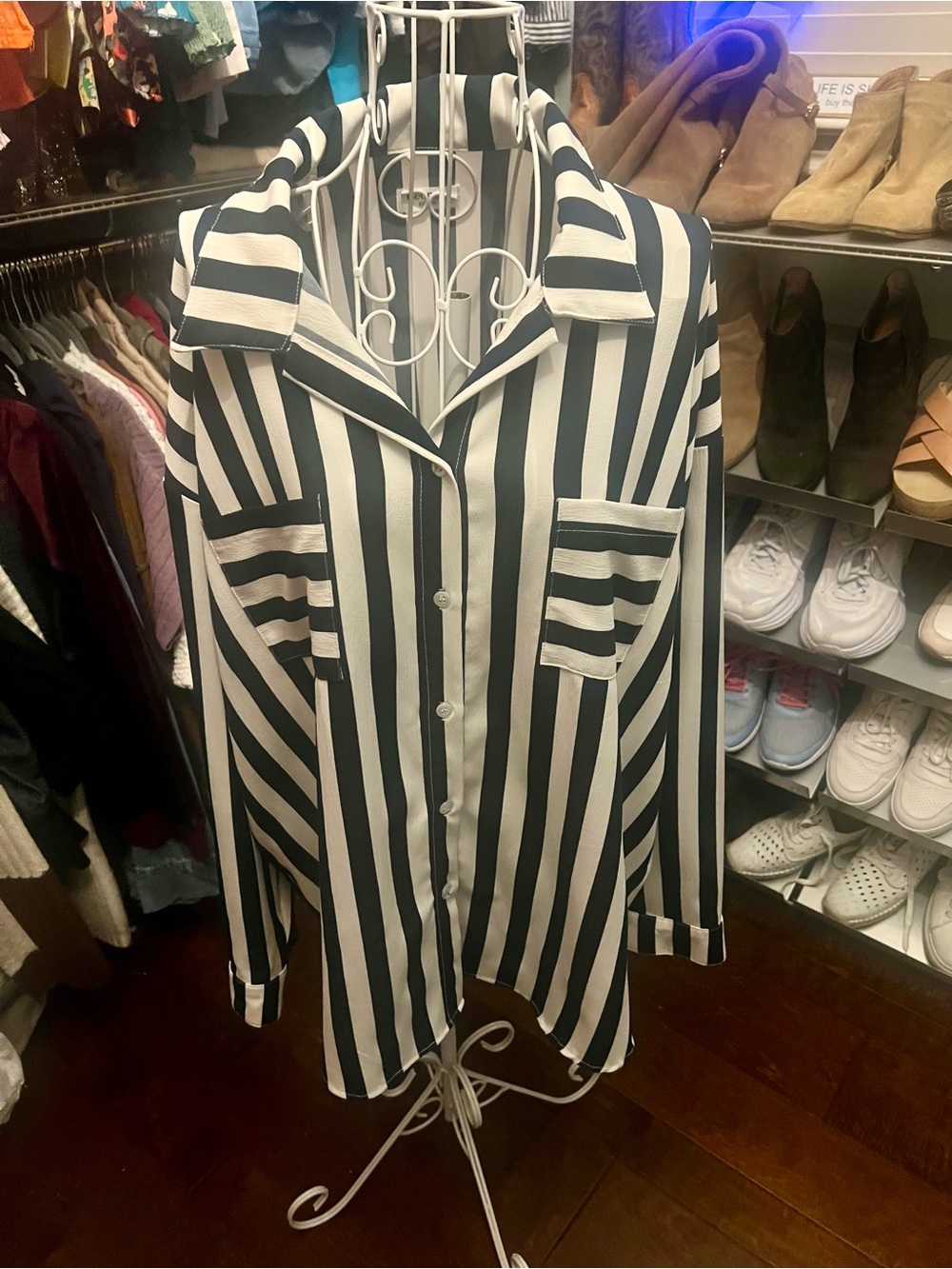 George Black and White Vertical Stripe Button-Down Top